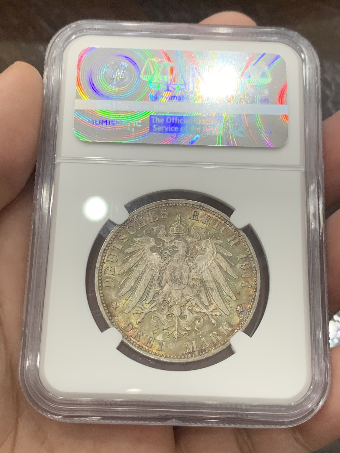 《竞宝斋》第130场-周日，周一连拍 (全场包邮) NGC- MS66 德国汉堡自由市 1911年流通3马克 银币 顶尖分数品相，炫丽黄油彩，十分迷人