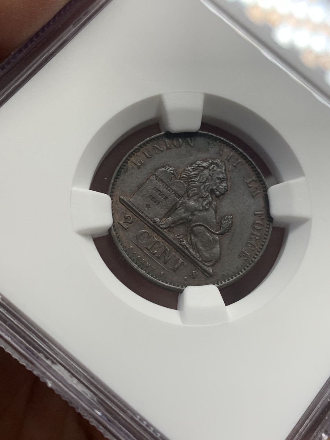 《竞宝斋》第130场-周日，周一连拍 (全场包邮) NGC-AU58 比利时 1874年 狮子盾牌2分铜币 早期年份 好品少见