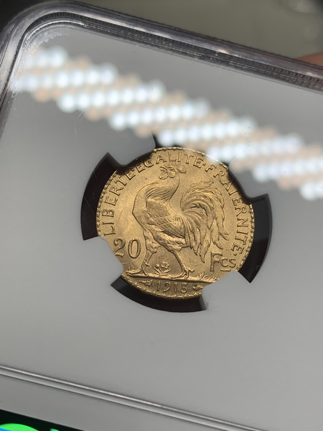 《竞宝斋》第130场-周日，周一连拍 (全场包邮) NGC-MS63 法国1913年 高卢雄鸡 20法郎金币 顶级品相