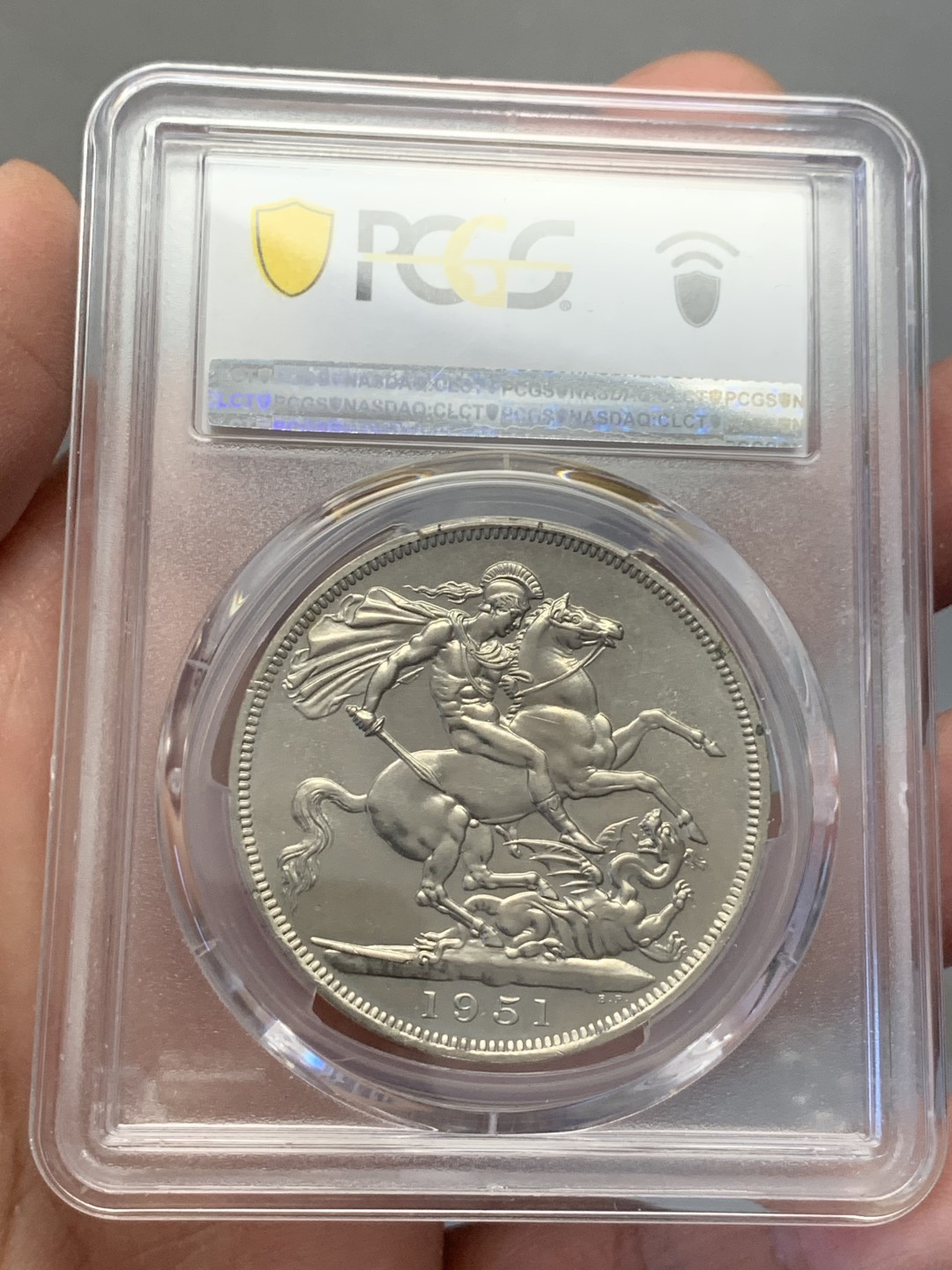 《竞宝斋》第130场-周日，周一连拍 (全场包邮) PCGS PL65 英国 1951年 1克朗镍马剑 高分少见 基本高一分价翻倍 目前还没遇到66分的