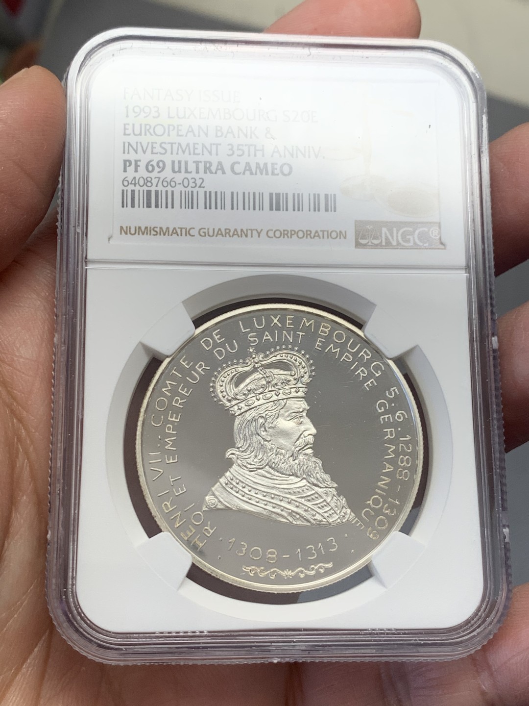 《竞宝斋》第130场-周日，周一连拍 (全场包邮) 冠军分 NGC-PF69 卢森堡1993年 亨利七世 20ECU精制大银币 发行量7500枚