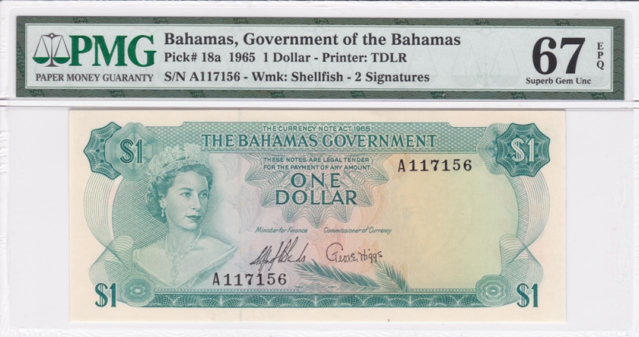收藏联盟Quantum Auction 第228期拍卖 (已更新) 巴哈马1965年1元 PMG67 首发年份(巴哈马政府发行)首发A冠 非常稀少难得