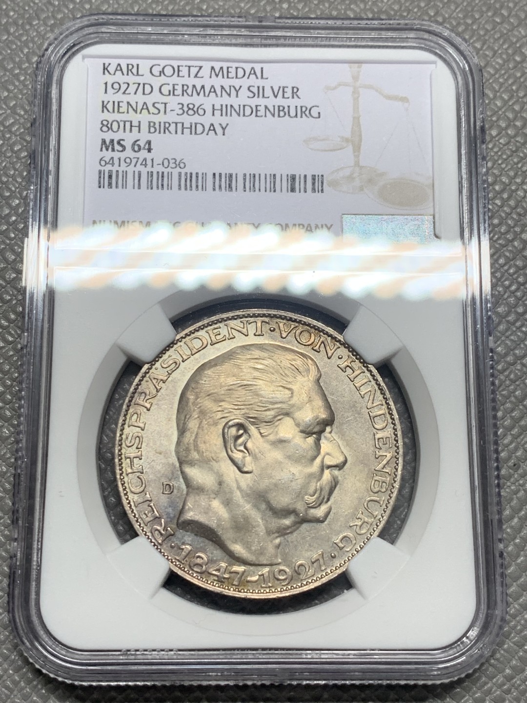 《竞宝斋》第130场-周日，周一连拍 (全场包邮) NGC-MS64 魏玛德国1927年兴登堡80大寿5马克币章 卡尔哥茨名家设计