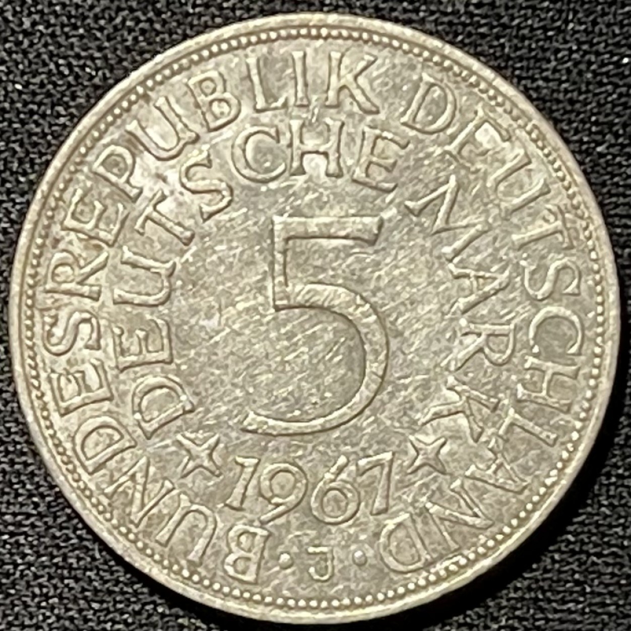 紫瑗钱币——第249期拍卖 联邦德国 1967年 J厂  流通 5马克 11.2 0.625银