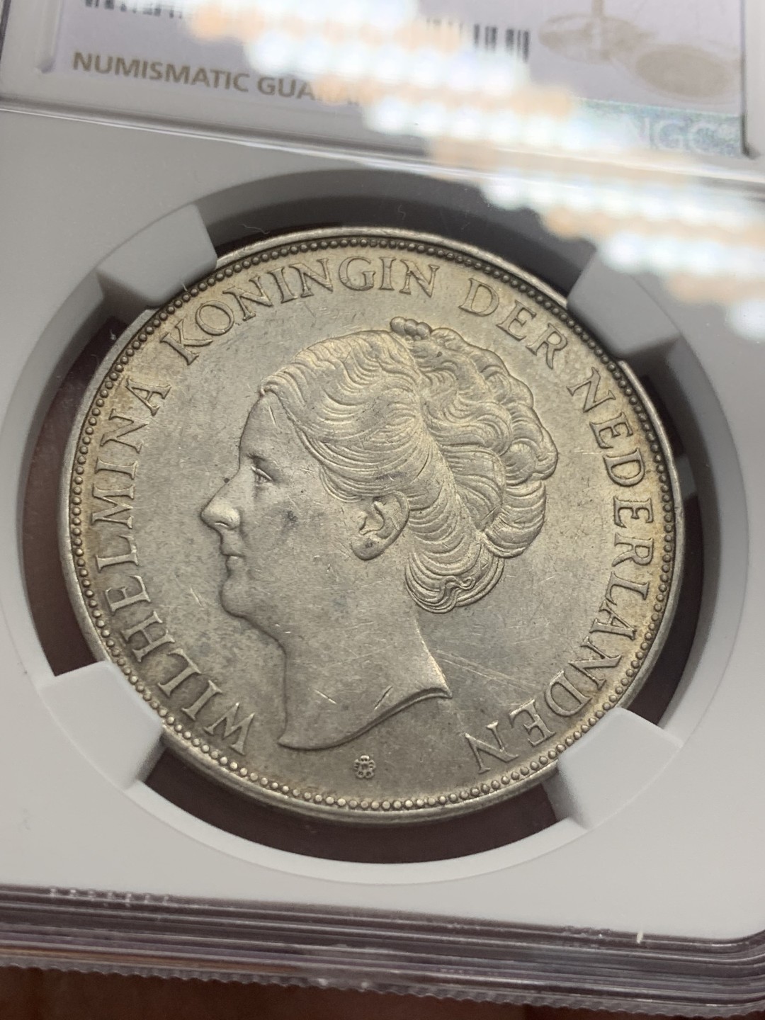 《竞宝斋》第130场-周日，周一连拍 (全场包邮) NGC-AU58 荷兰1937年 威廉米娜女王 2.5盾大银币 原光好品