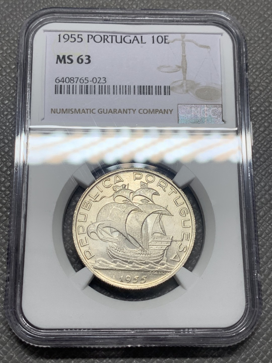 《竞宝斋》第130场-周日，周一连拍 (全场包邮) NGC-MS63 葡萄牙1955年 大帆船 10埃斯库多银币 顶级品相