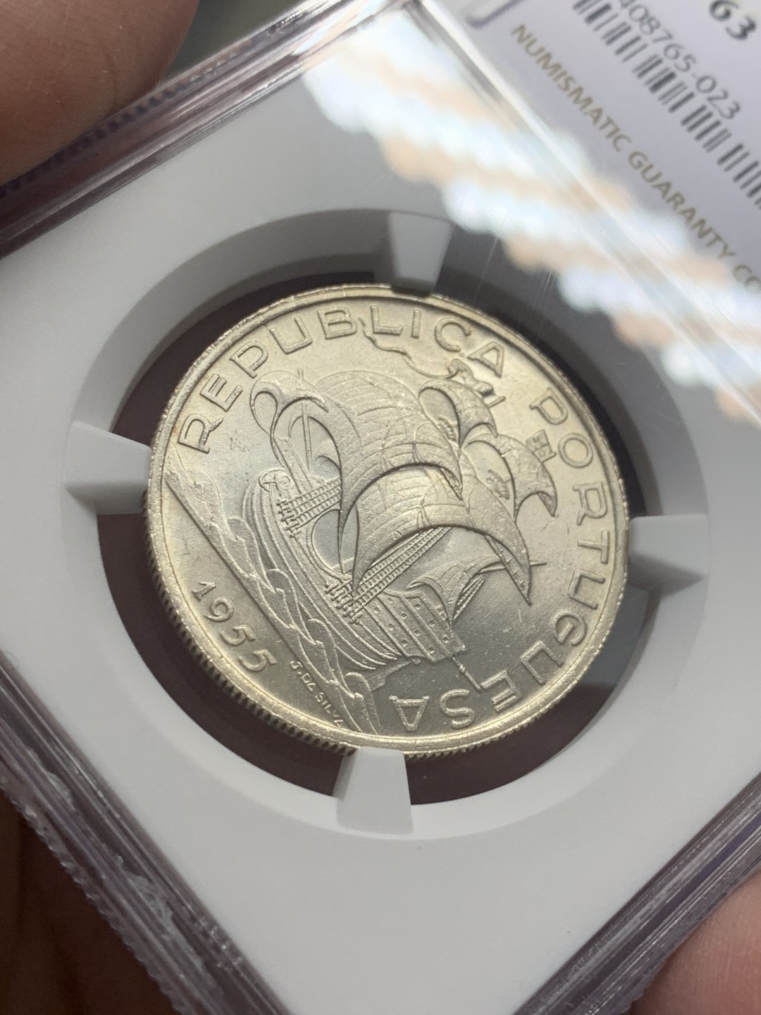 《竞宝斋》第130场-周日，周一连拍 (全场包邮) NGC-MS63 葡萄牙1955年 大帆船 10埃斯库多银币 顶级品相