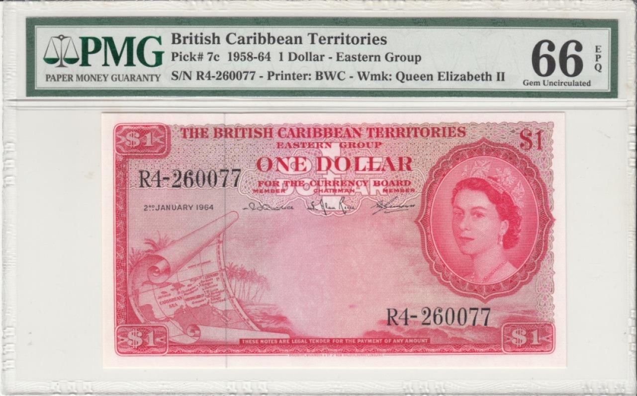 收藏联盟Quantum Auction 第228期拍卖 (已更新) 英属加勒比1958-64年1元 PMG66 号码无4 早期大冠女王