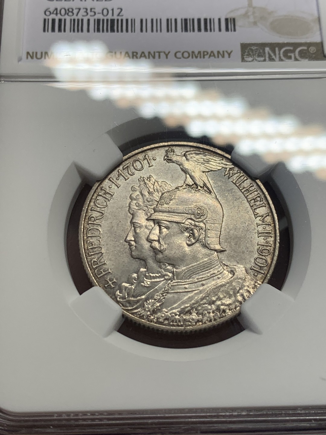 《竞宝斋》第130场-周日，周一连拍 (全场包邮) NGC-UNC 德国普鲁士 1901年 两百周年纪念 2马克银币 看不出有洗 错杀