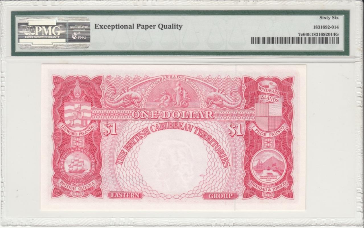 收藏联盟Quantum Auction 第228期拍卖 (已更新) 英属加勒比1958-64年1元 PMG66 号码无4 早期大冠女王