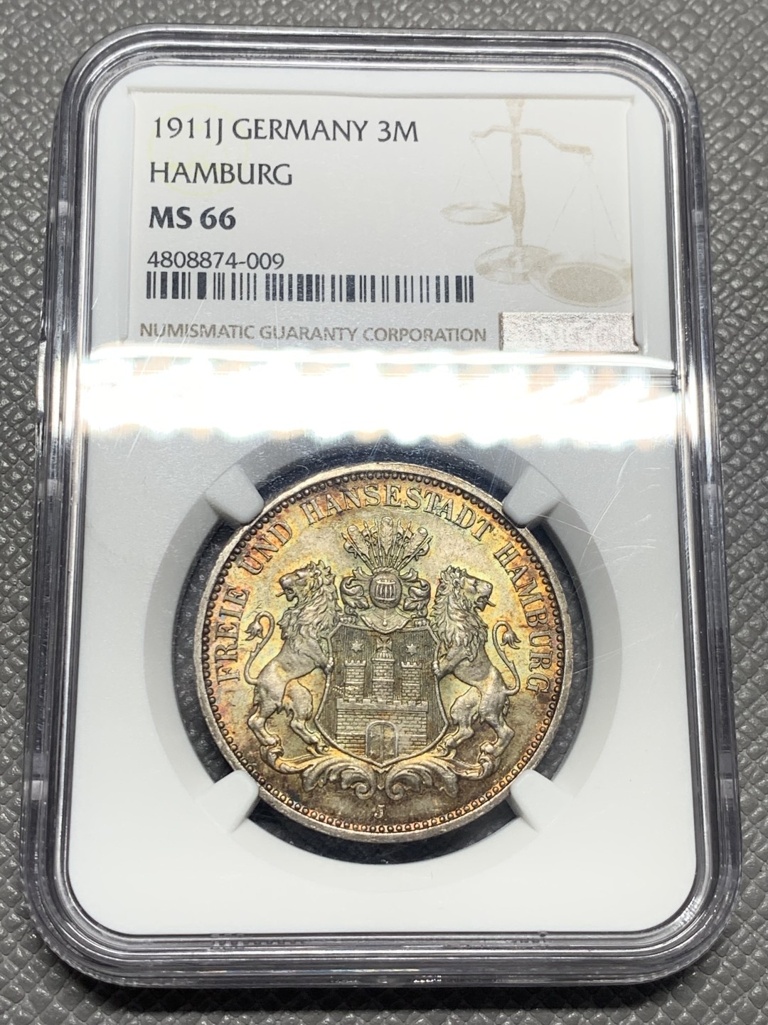 《竞宝斋》第130场-周日，周一连拍 (全场包邮) NGC- MS66 德国汉堡自由市 1911年流通3马克 银币 顶尖分数品相，炫丽黄油彩，十分迷人