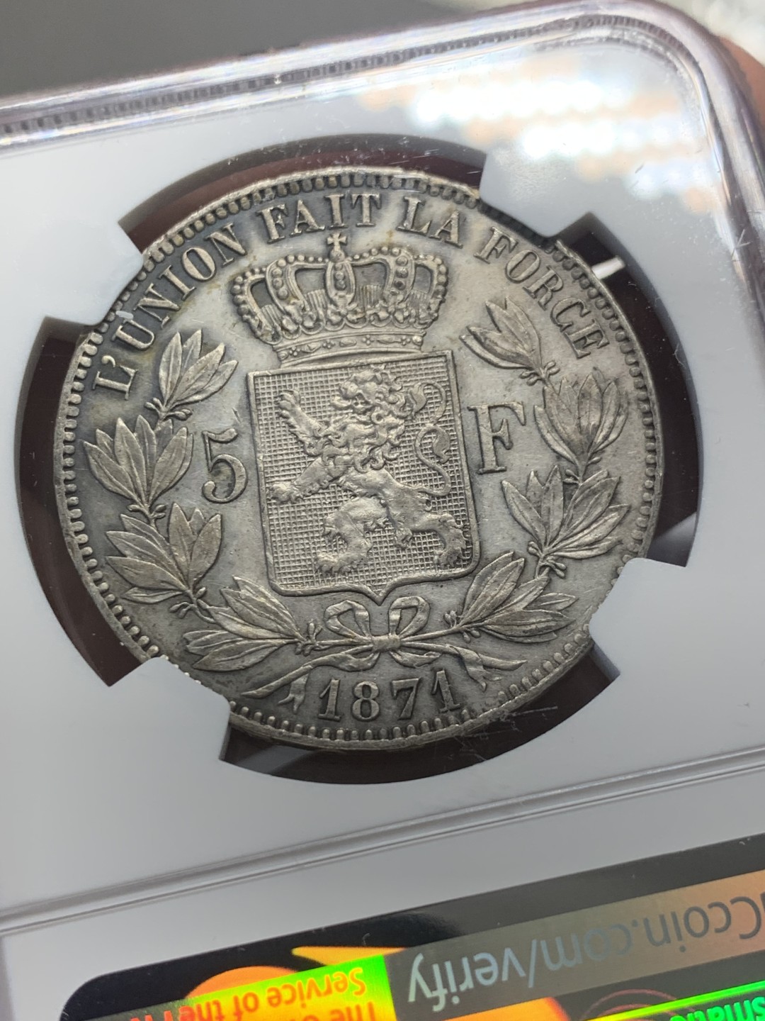 《竞宝斋》第130场-周日，周一连拍 (全场包邮) NGC-AU 比利时 1871年 利奥波德二世 5法郎银币状态好 磨损小