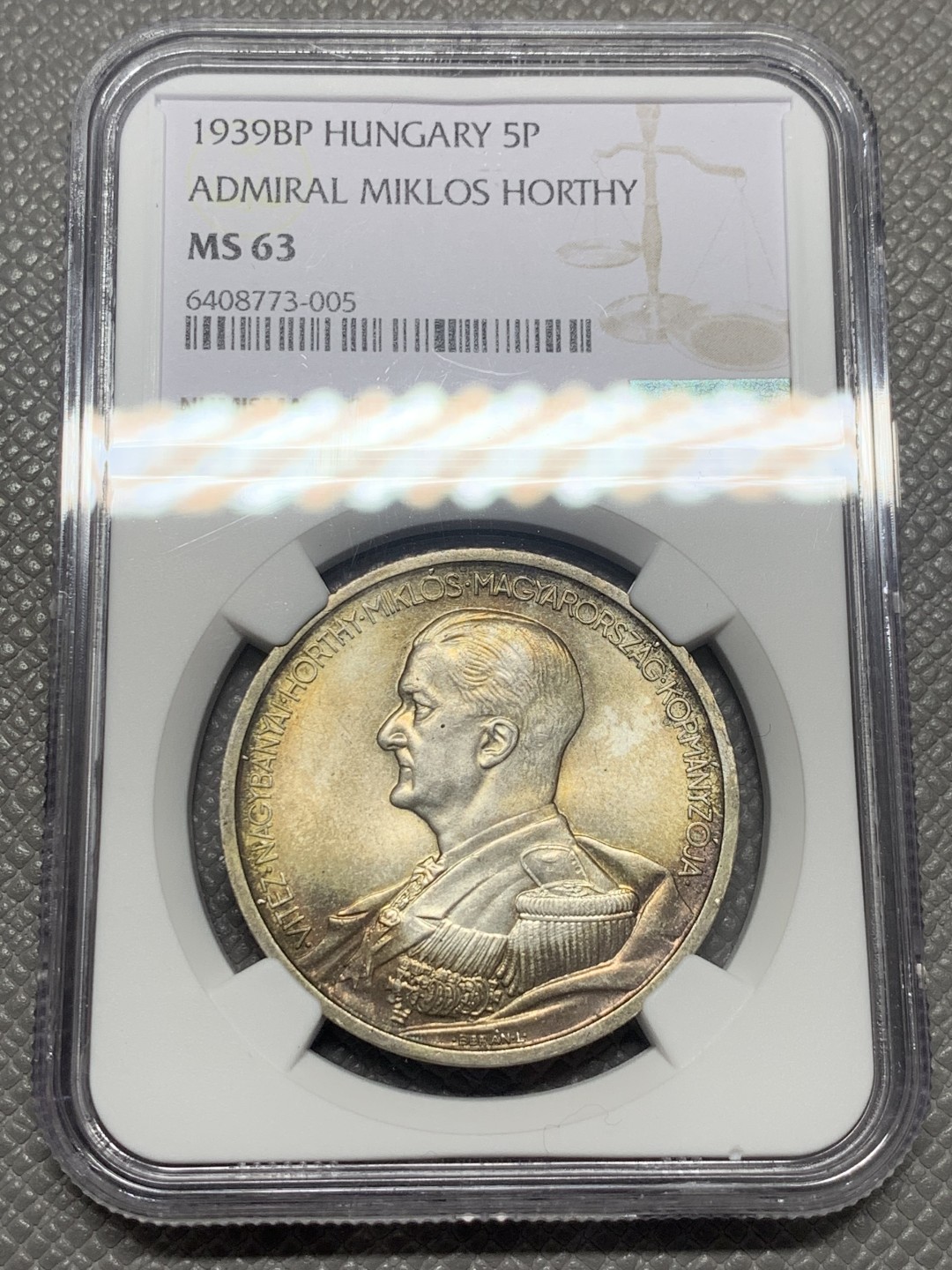 《竞宝斋》第130场-周日，周一连拍 (全场包邮) NGC-MS63 匈牙利1939年 5潘果大银币 五彩包浆 非常漂亮