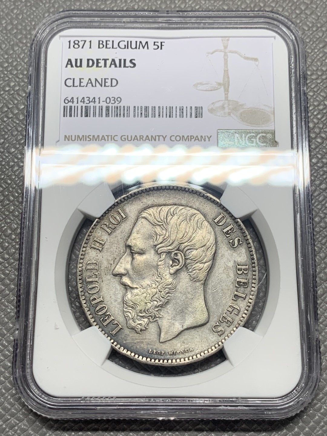 《竞宝斋》第130场-周日，周一连拍 (全场包邮) NGC-AU 比利时 1871年 利奥波德二世 5法郎银币状态好 磨损小