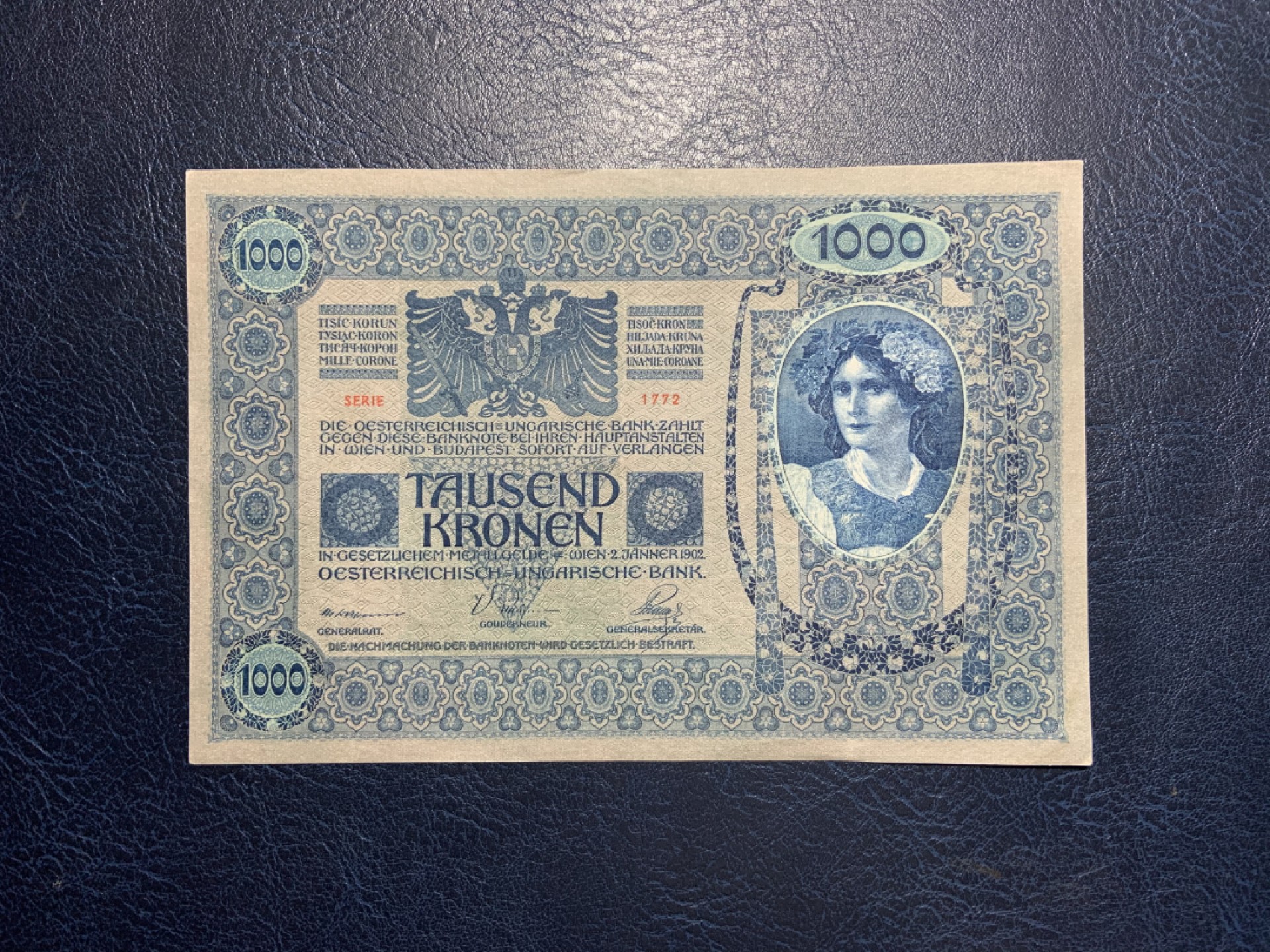 收藏联盟Quantum Auction 第228期拍卖 (已更新) 奥地利1902年1000克朗 品相UNC 边角微瑕 细节如图 百年老钞