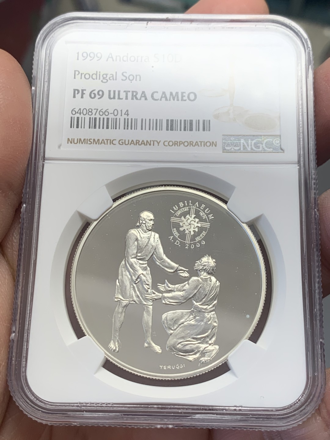 《竞宝斋》第130场-周日，周一连拍 (全场包邮) 唯一冠军分 NGC-PF69 安道尔1999年 浪子跪拜 10第纳尔精制大银币 稀少品种