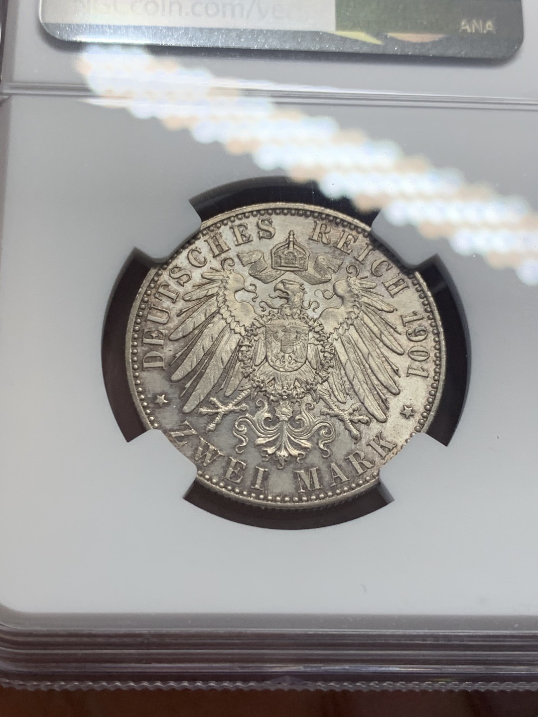 《竞宝斋》第130场-周日，周一连拍 (全场包邮) NGC-UNC 德国普鲁士 1901年 两百周年纪念 2马克银币 看不出有洗 错杀