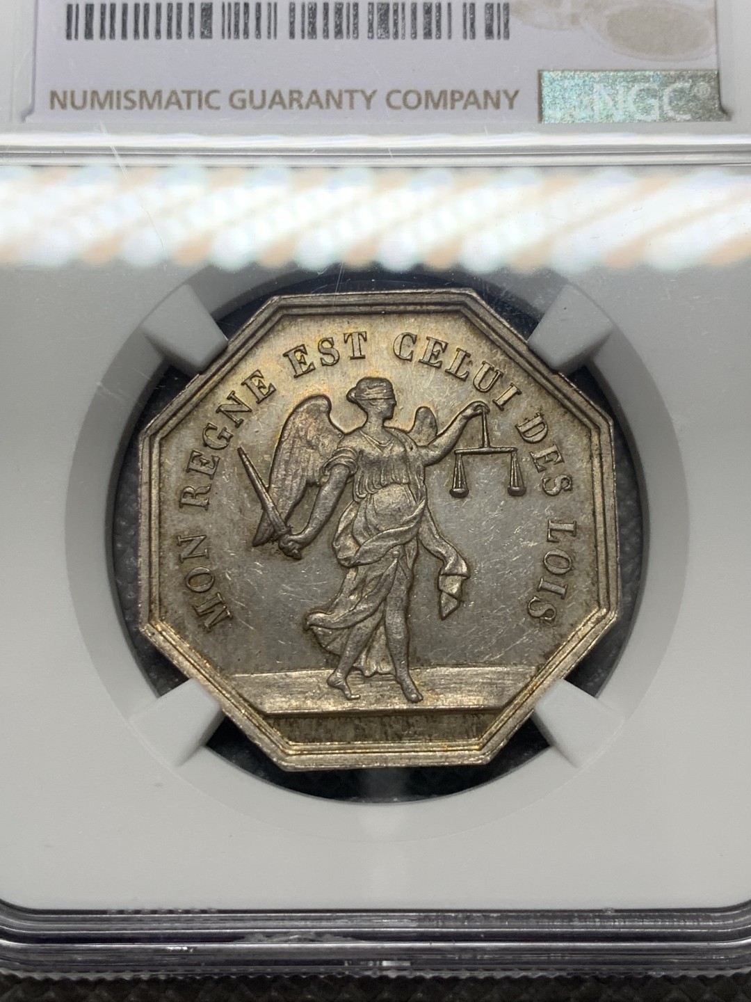 《竞宝斋》第130场-周日，周一连拍 (全场包邮) NGC MS62 布莱公正女神八角银质代币 蜜蜂边铭1860-1879年