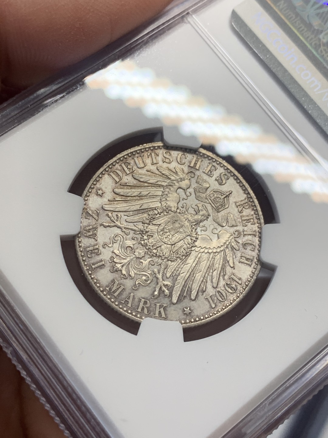 《竞宝斋》第130场-周日，周一连拍 (全场包邮) NGC-UNC 德国普鲁士 1901年 两百周年纪念 2马克银币 看不出有洗 错杀