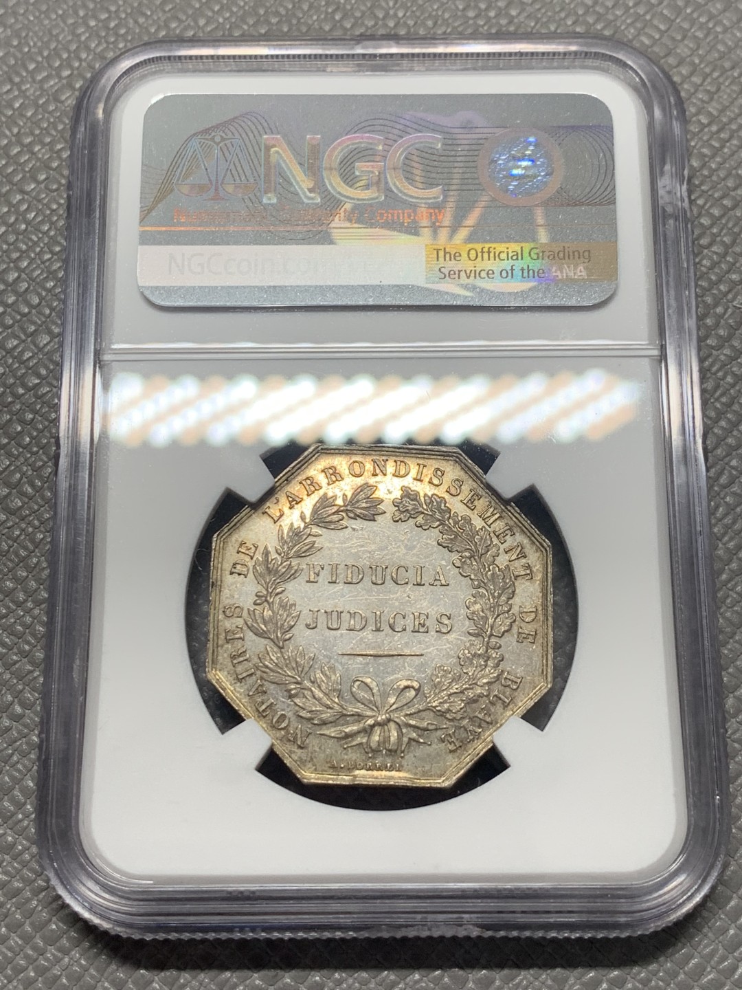 《竞宝斋》第130场-周日，周一连拍 (全场包邮) NGC MS62 布莱公正女神八角银质代币 蜜蜂边铭1860-1879年