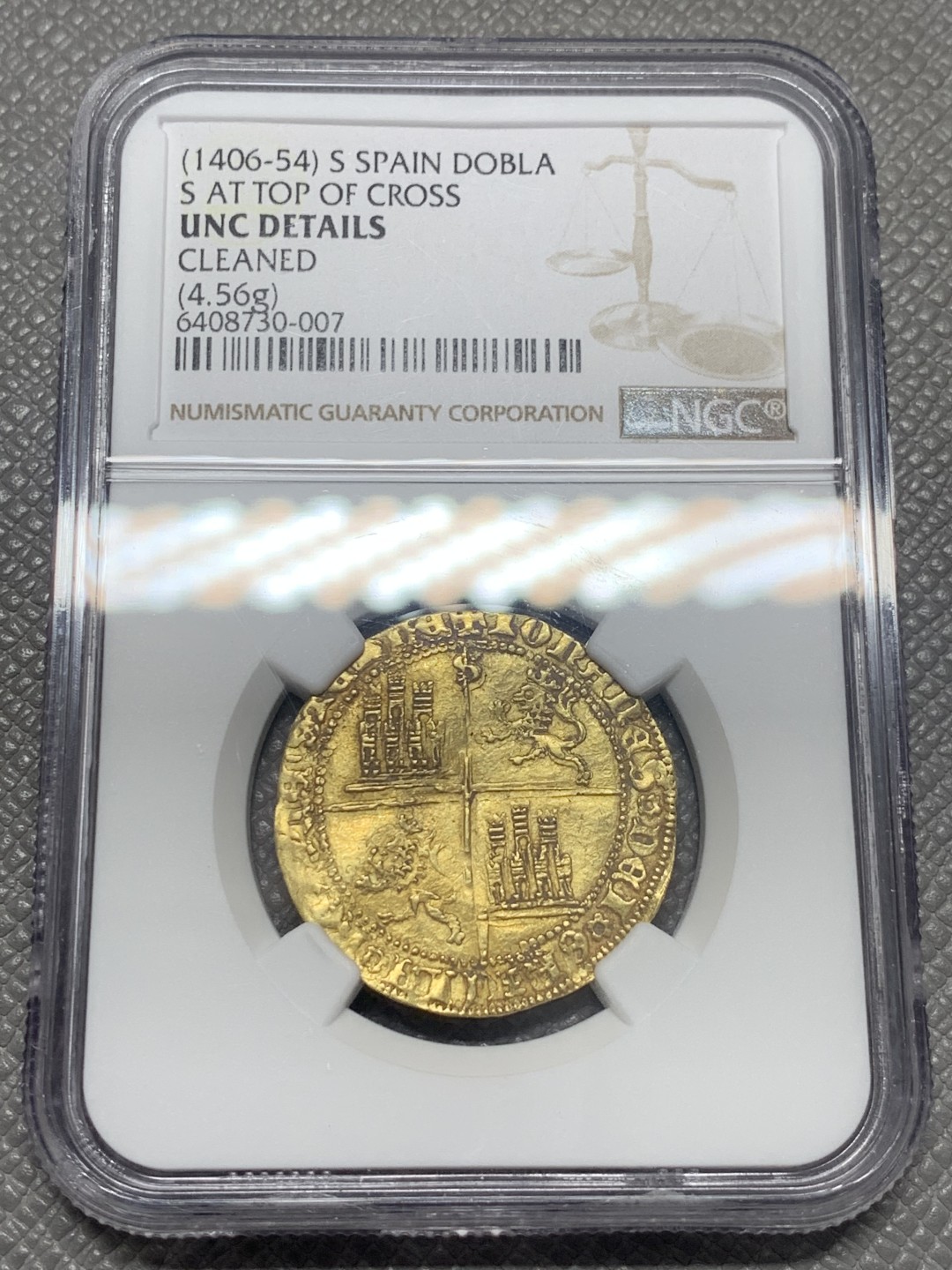 《竞宝斋》第130场-周日，周一连拍 (全场包邮) NGC-UNC 西班牙1406年 塞维利亚造 胡安二世 1DOBLA金币 非常罕见的早期金币 老东西还是要美国总部评级 这枚可以换盒