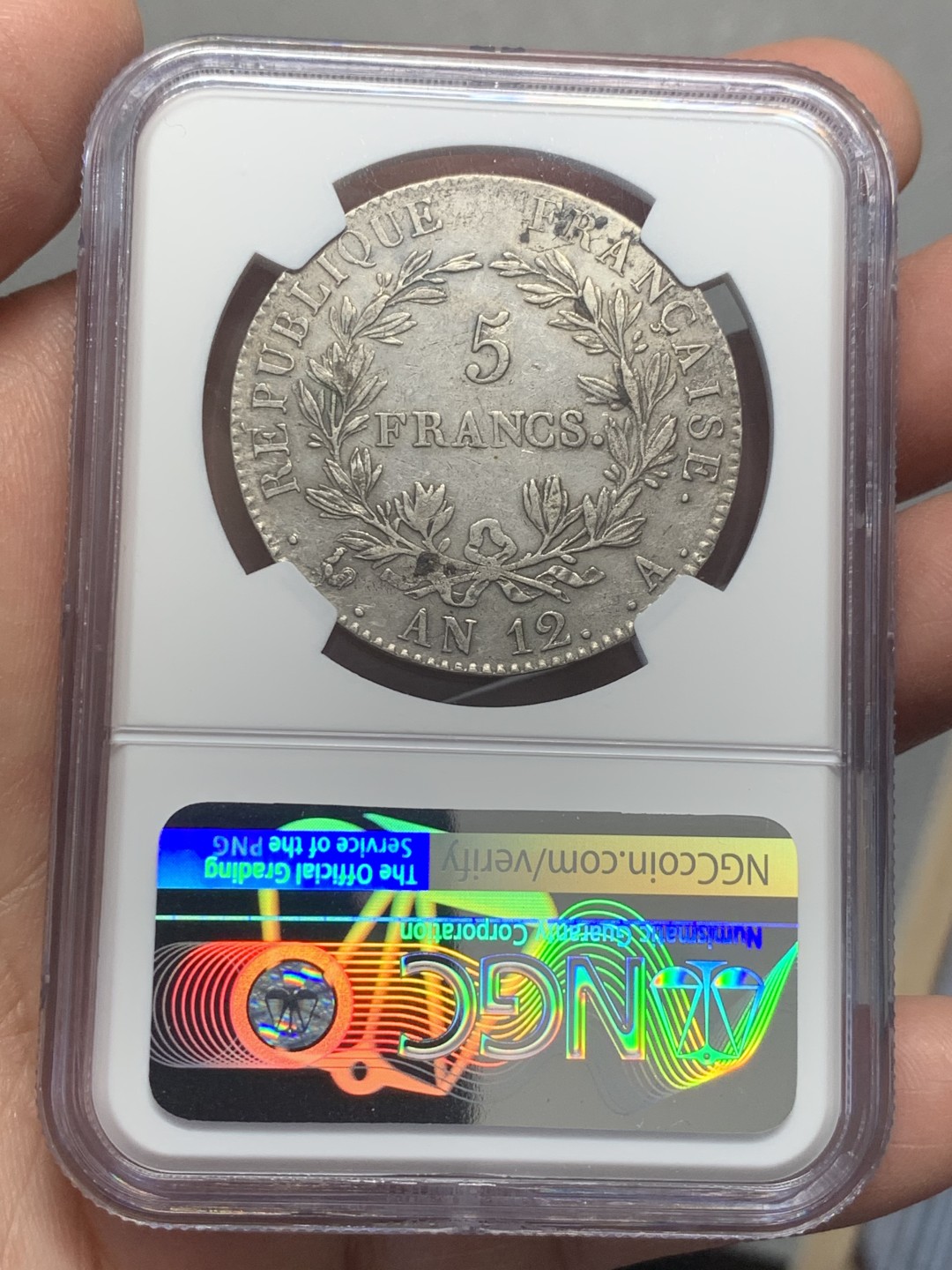 《竞宝斋》第130场-周日，周一连拍 (全场包邮) NGC XF40 法国 AN12，1804年 拿破仑 凯撒头5法郎 银币 稀少品种 细节好 给分保守了