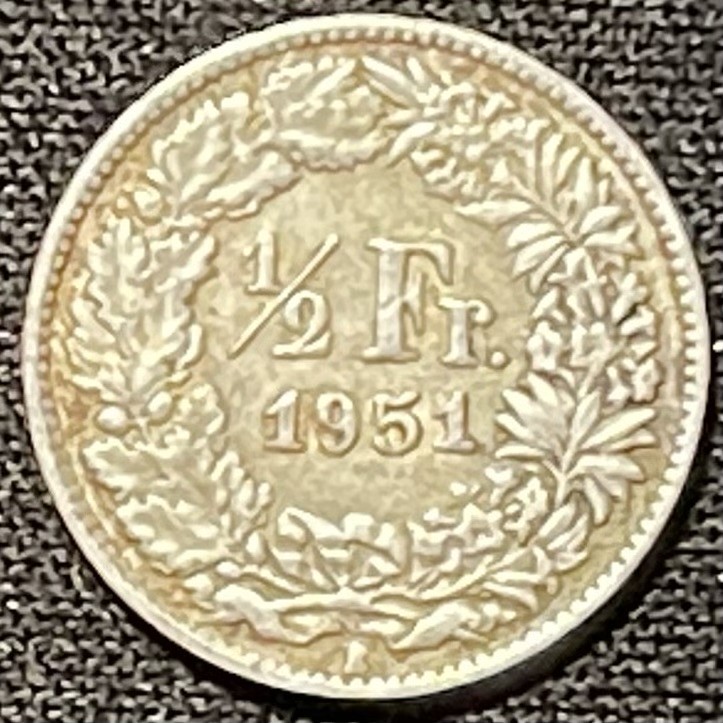 紫瑗钱币——第249期拍卖 瑞士 1951年 赫尔维蒂亚 1/2法郎 2.5克 0.835银