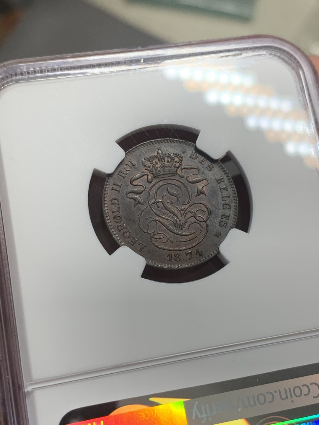 《竞宝斋》第130场-周日，周一连拍 (全场包邮) NGC-AU58 比利时 1874年 狮子盾牌2分铜币 早期年份 好品少见