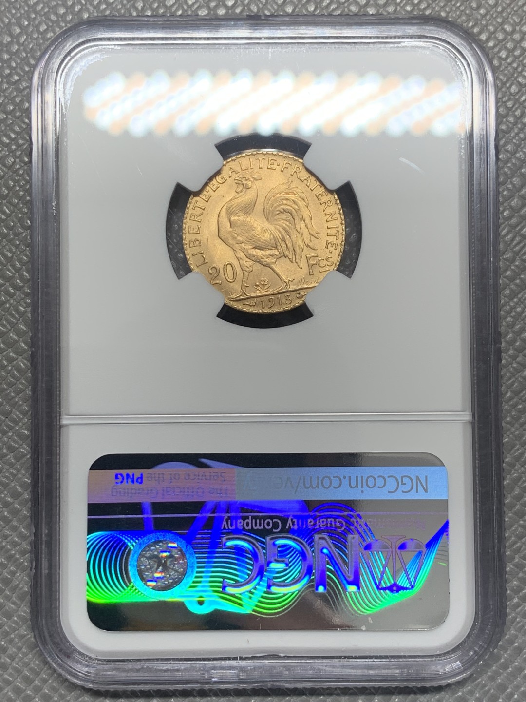 《竞宝斋》第130场-周日，周一连拍 (全场包邮) NGC-MS63 法国1913年 高卢雄鸡 20法郎金币 顶级品相