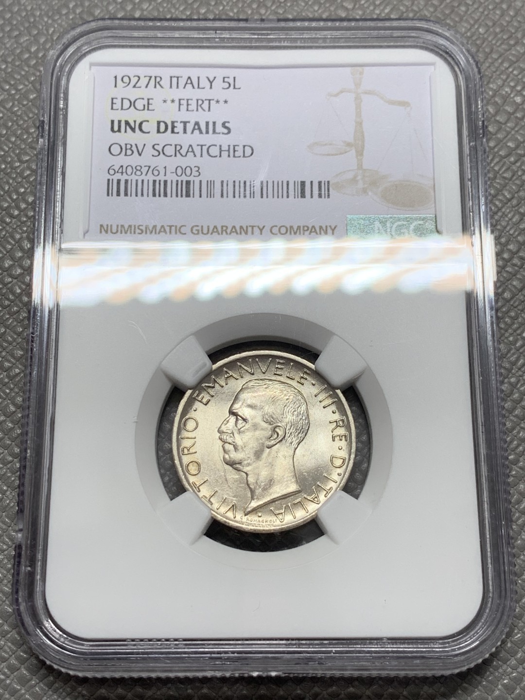 《竞宝斋》第131场-周日，周一连拍 (全场包邮) NGC-UNC 意大利1927年老鹰5里拉银币 **fert** 双星版 比较少见