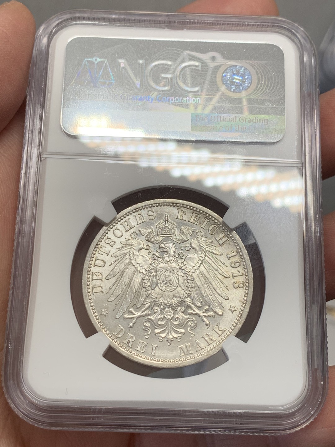 《竞宝斋》第131场-周日，周一连拍 (全场包邮) NGC UNC 普鲁士1913年戎装3马克银币 自然车轮光 小划痕没给分