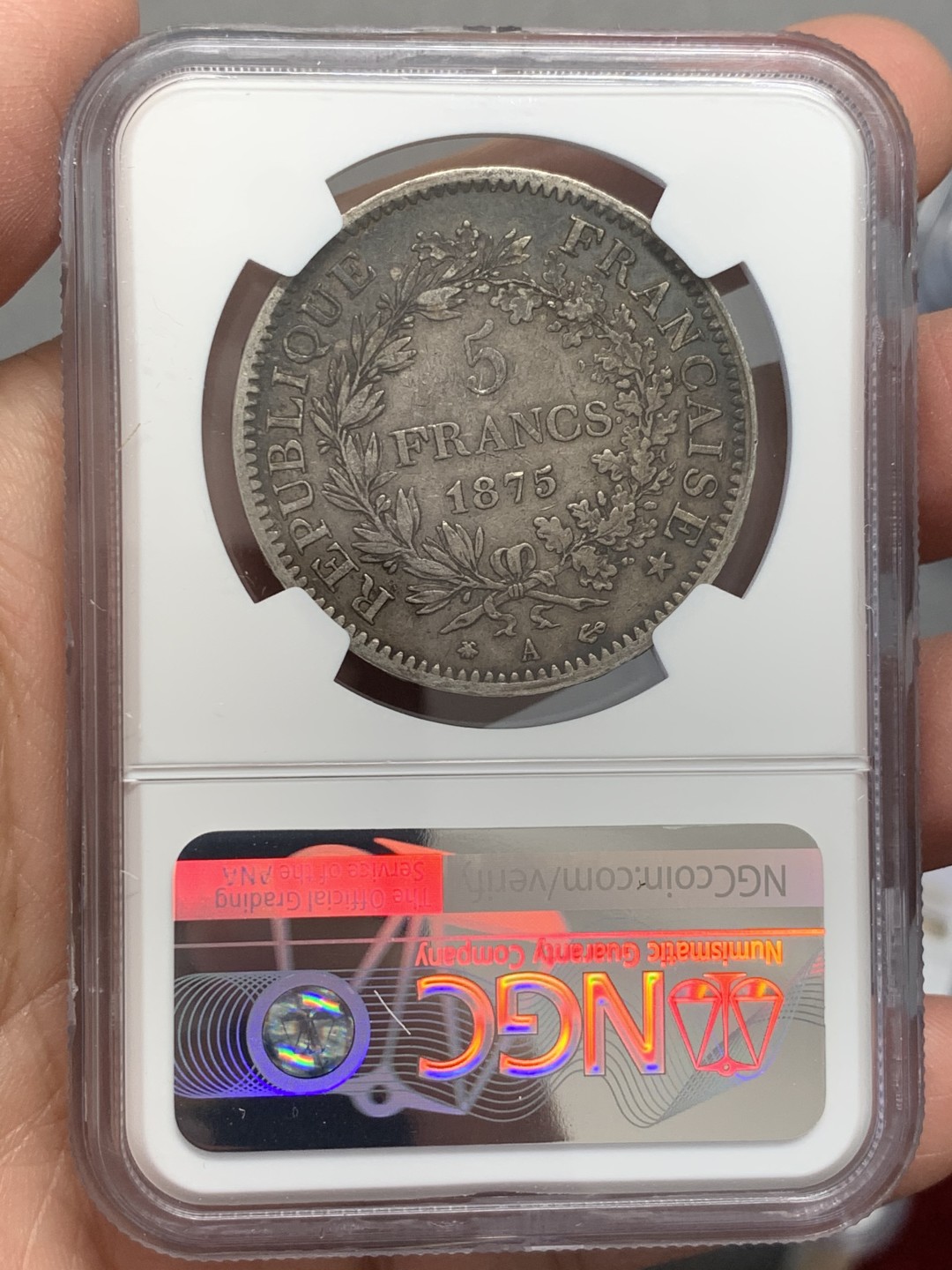 《竞宝斋》第131场-周日，周一连拍 (全场包邮) NGC-AU53 法国 1875年小a版 大力神 5法郎 银币 数量比1873年少太多