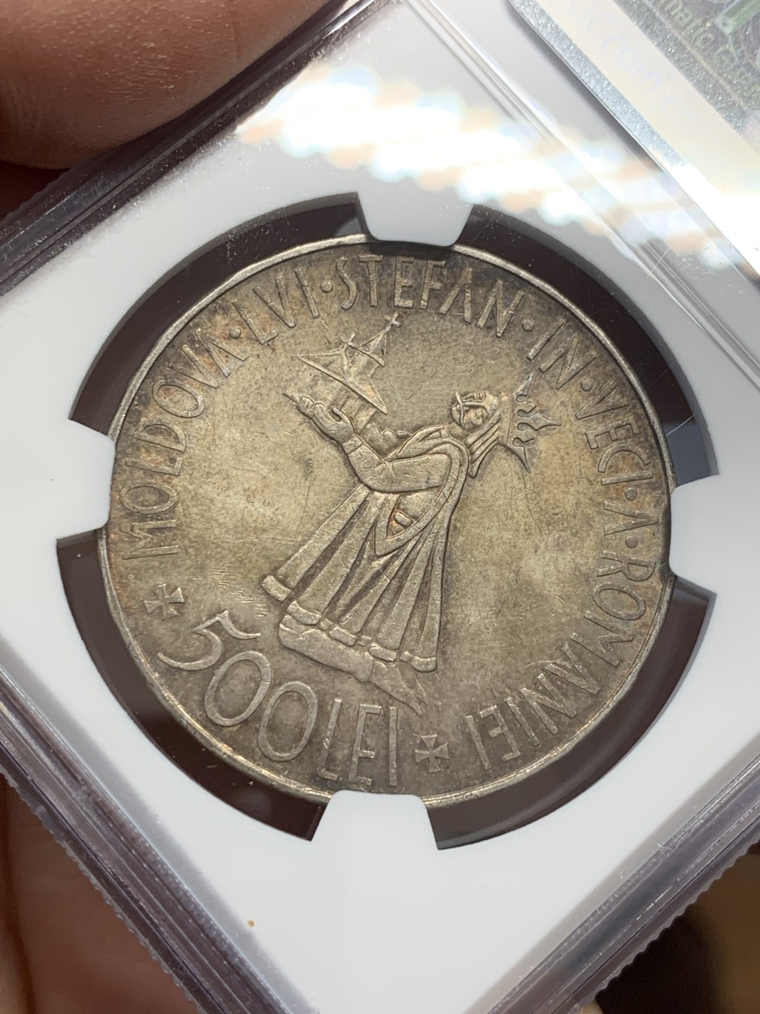 《竞宝斋》第131场-周日，周一连拍 (全场包邮) NGC-MS61 罗马尼亚1941年 500列伊大银币 带彩 500比10000那个面值稀少很多 暴涨的品种