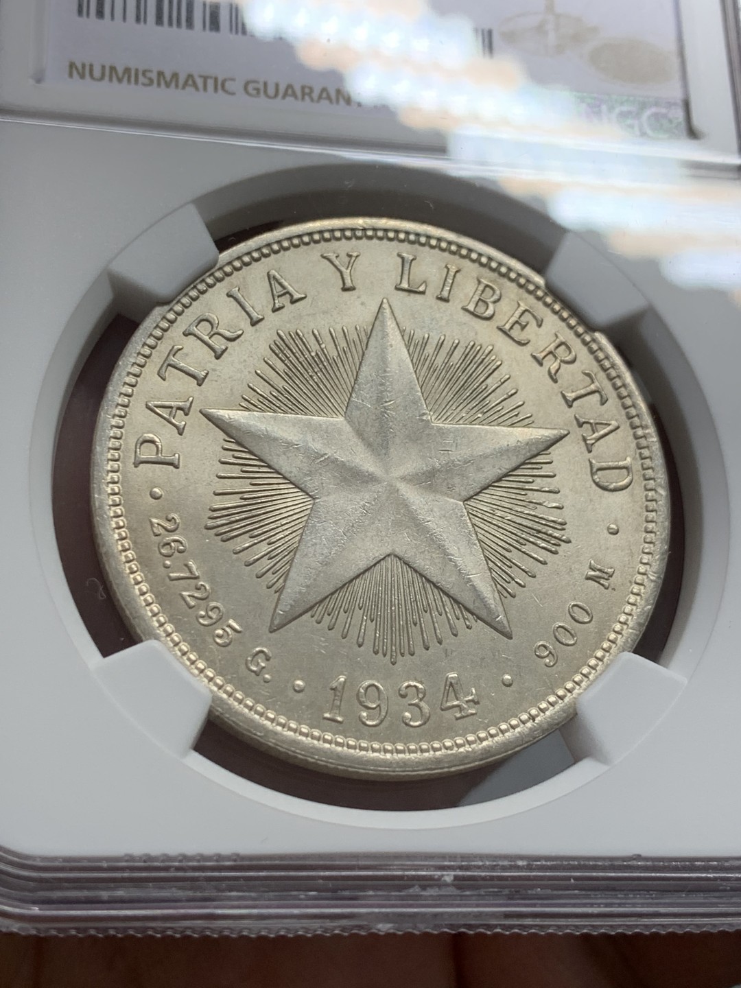 《竞宝斋》第131场-周日，周一连拍 (全场包邮) NGC-MS62 古巴1934年 大五星1比索大银币 暴涨品种