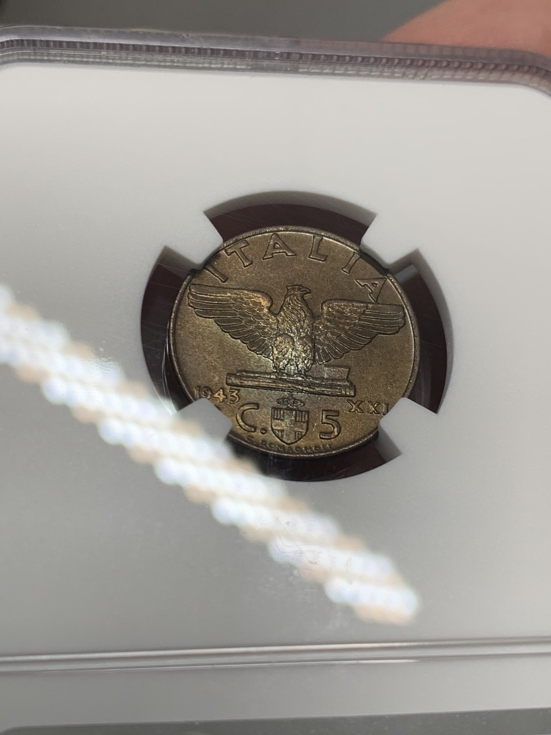 《竞宝斋》第131场-周日，周一连拍 (全场包邮) NGC MS64BN，意大利1943年5分铜币 极少品种 状态好 巧克力包浆