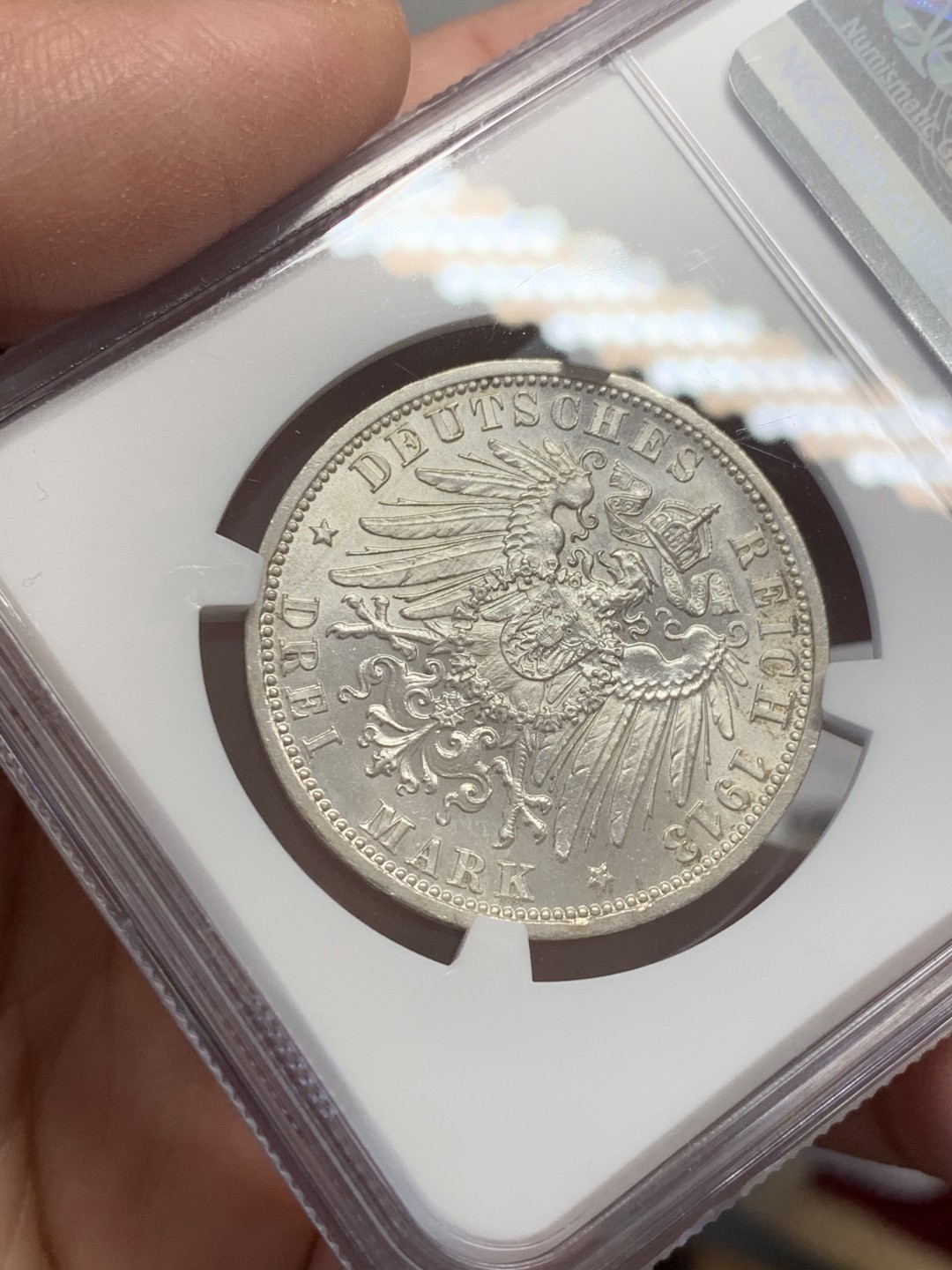 《竞宝斋》第131场-周日，周一连拍 (全场包邮) NGC UNC 普鲁士1913年戎装3马克银币 自然车轮光 小划痕没给分