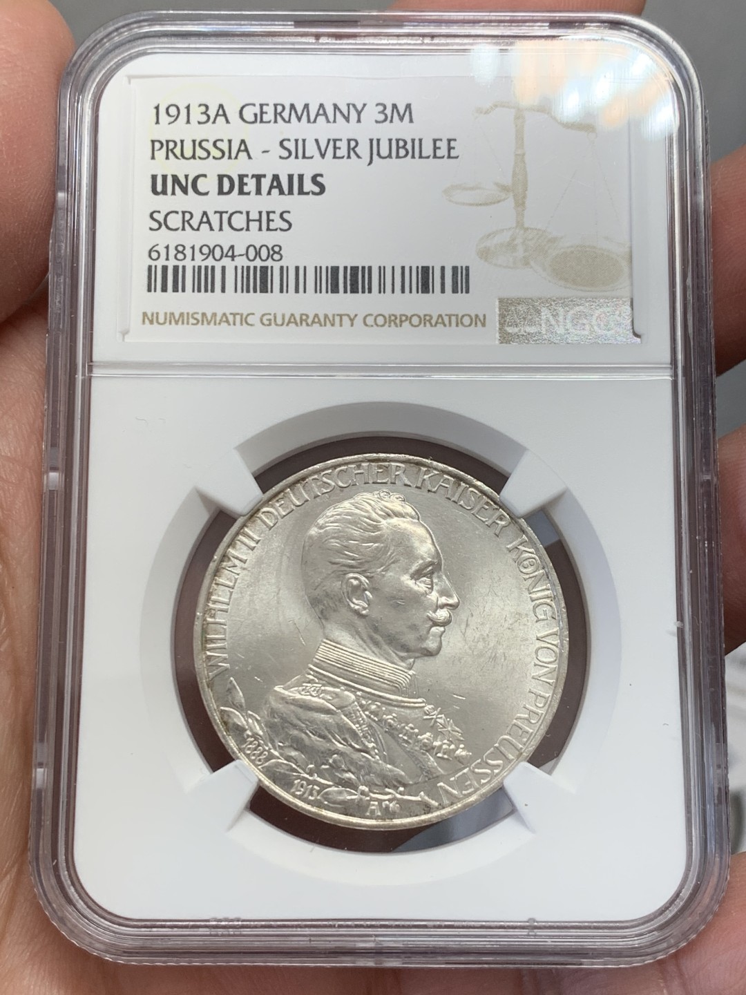 《竞宝斋》第131场-周日，周一连拍 (全场包邮) NGC UNC 普鲁士1913年戎装3马克银币 自然车轮光 小划痕没给分