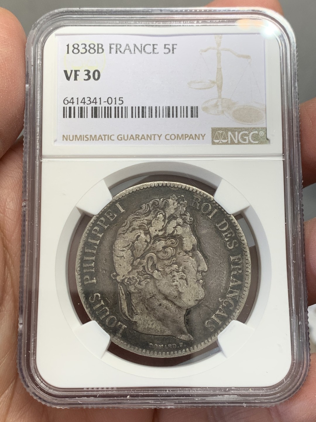 《竞宝斋》第131场-周日，周一连拍 (全场包邮) NGC-VF30 法国 1838年B版 菲利普 5法郎 银币 原味包浆