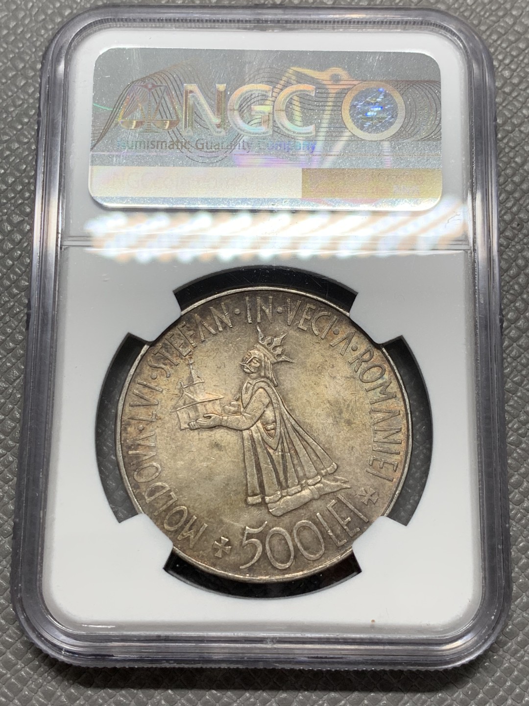 《竞宝斋》第131场-周日，周一连拍 (全场包邮) NGC-MS61 罗马尼亚1941年 500列伊大银币 带彩 500比10000那个面值稀少很多 暴涨的品种