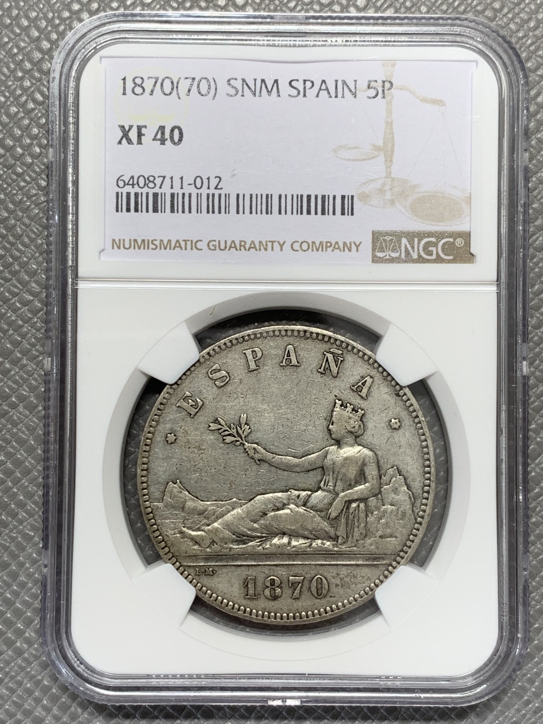 《竞宝斋》第131场-周日，周一连拍 (全场包邮) NGC-XF40 西班牙1870年 临时政府坐花 5比塞塔双柱大银币 原味好品 出分稀少