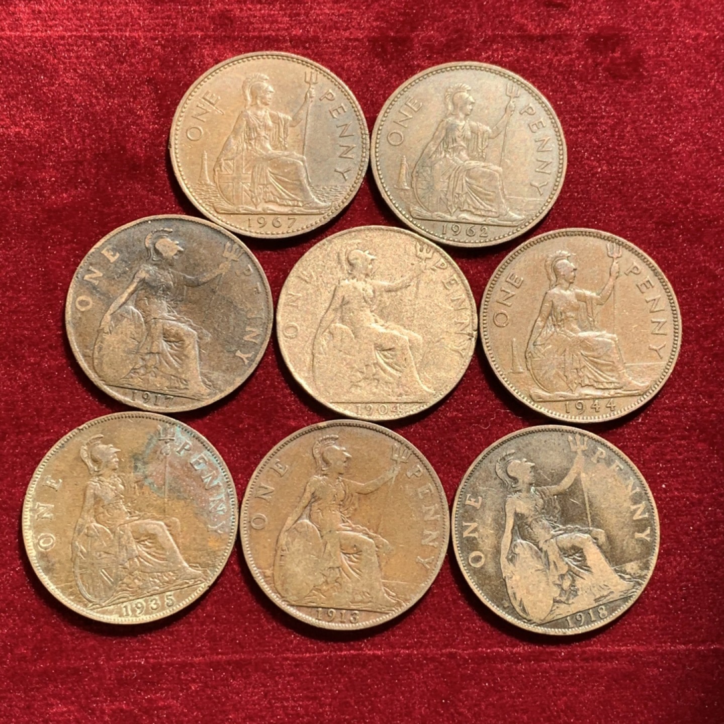 《竞宝斋》第131场-周日，周一连拍 (全场包邮) 英国 1便士大铜币 8枚一组