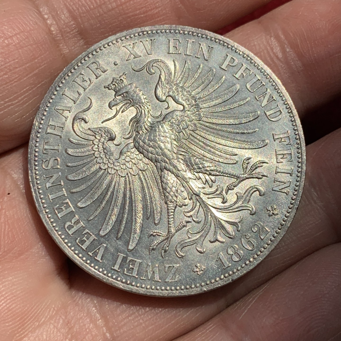 《竞宝斋》第131场-周日，周一连拍 (全场包邮) 1862年 法兰克福少女2泰勒银币，德系热门，UNC品相