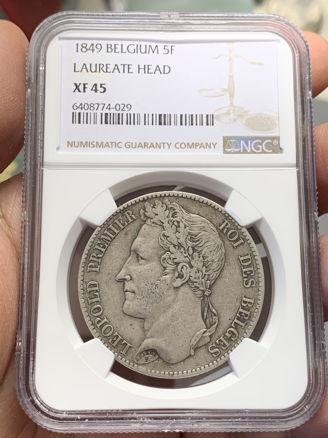 《竞宝斋》第131场-周日，周一连拍 (全场包邮) NGC-XF45 比利时1849年 辫子头早期年份 5法郎大银币 原味好品