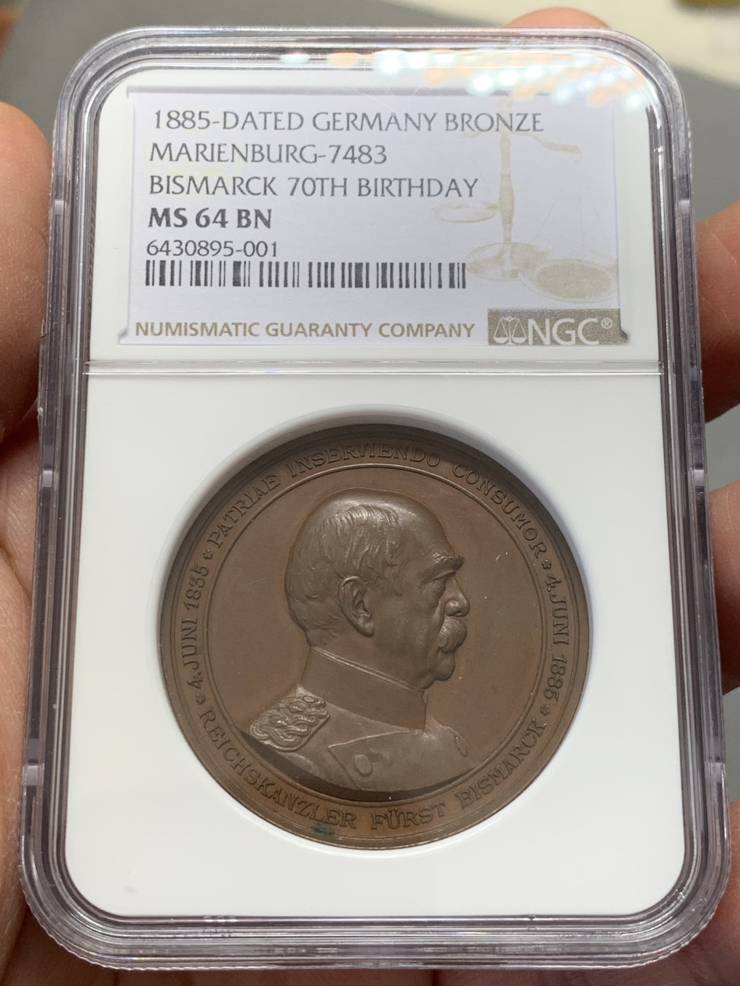 《竞宝斋》第131场-周日，周一连拍 (全场包邮) NGC MS64 1885年德国铁血宰相俾斯麦80大寿纪念铜章 高浮雕 刻画精美细腻 经典好章