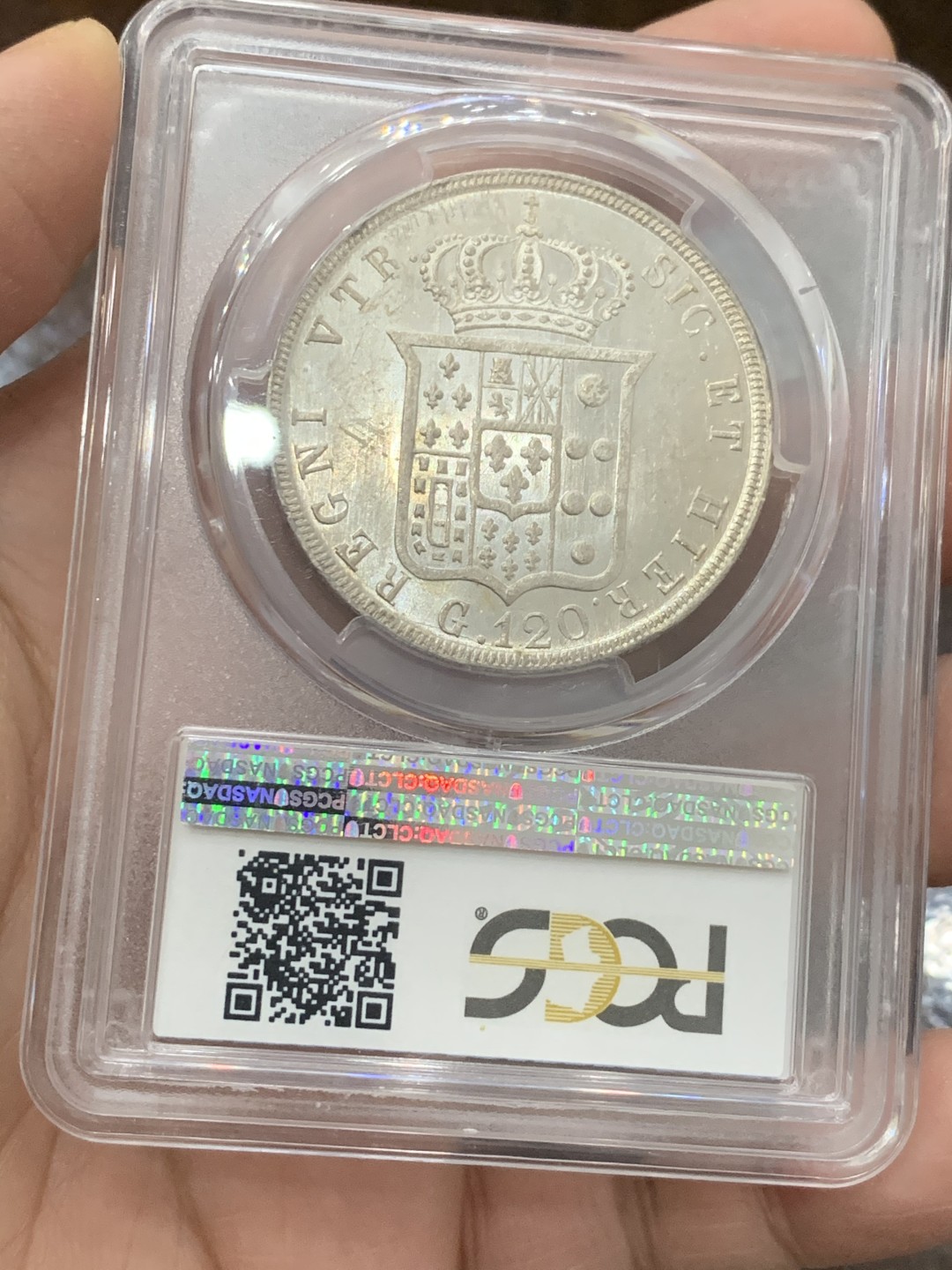 《竞宝斋》第131场-周日，周一连拍 (全场包邮) PCGS唯一冠军分-MS62 意大利那不勒斯&西西里 1844年 120G 银币 很少见年份 几乎无减重痕 十分难得