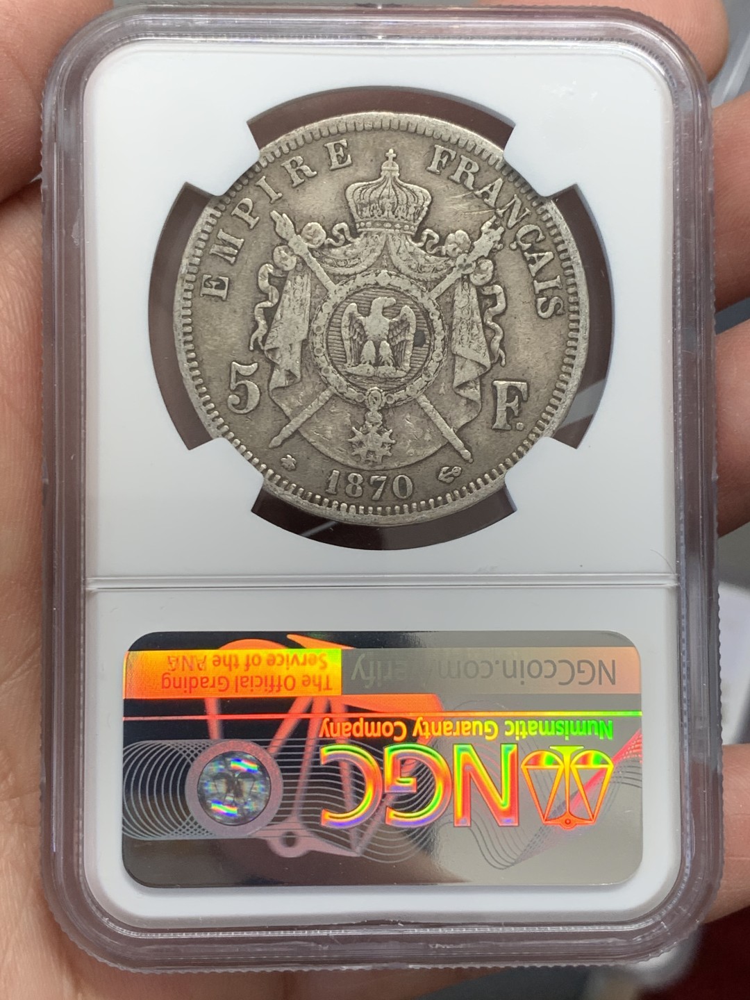 《竞宝斋》第131场-周日，周一连拍 (全场包邮) NGC-XF45 法国 1870年 拿三 5法郎大银币 不多的见年