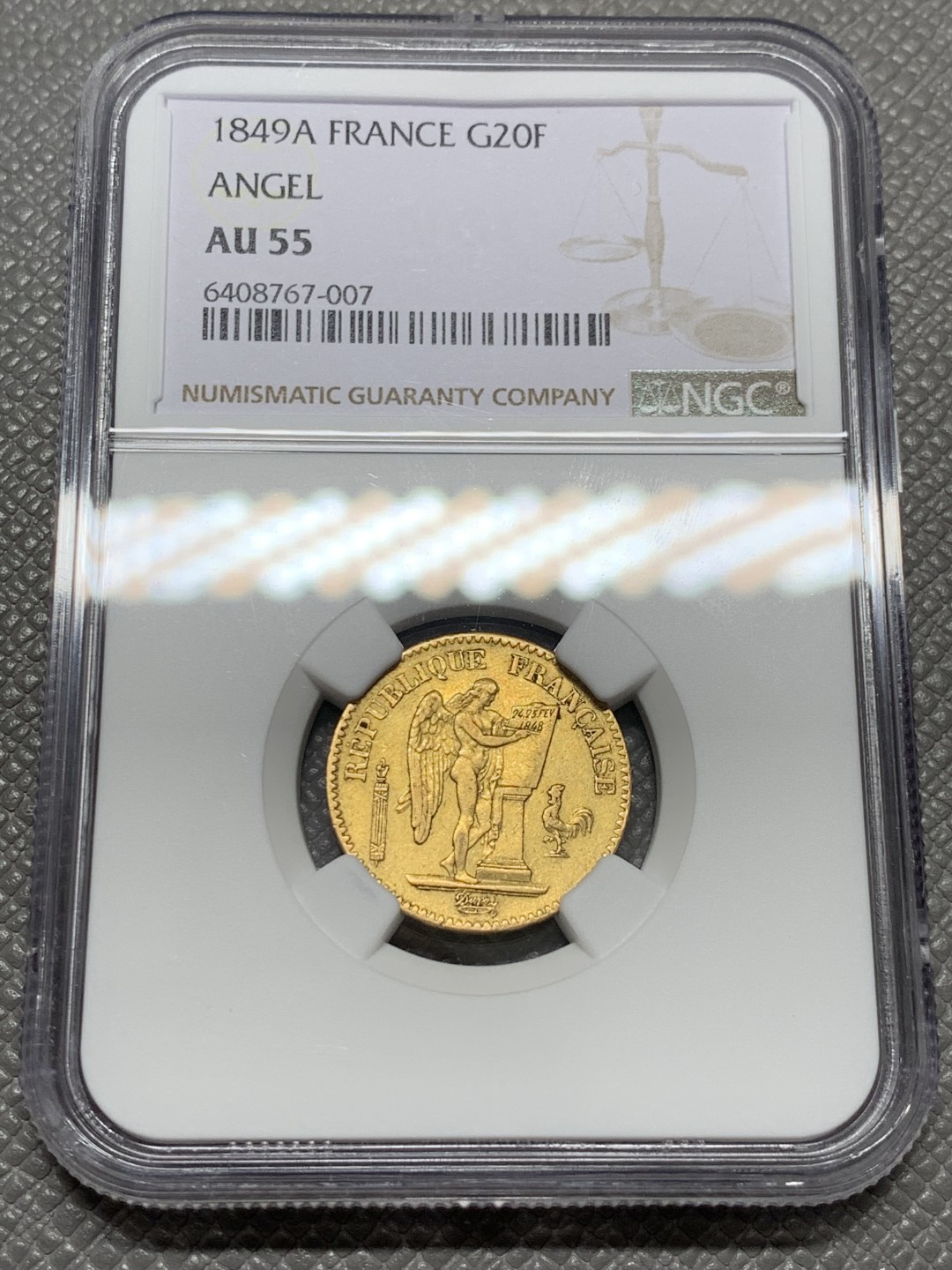 《竞宝斋》第131场-周日，周一连拍 (全场包邮) NGC-AU55 法国1849年 天使圣经 20法郎金币 早期年份 非常少见