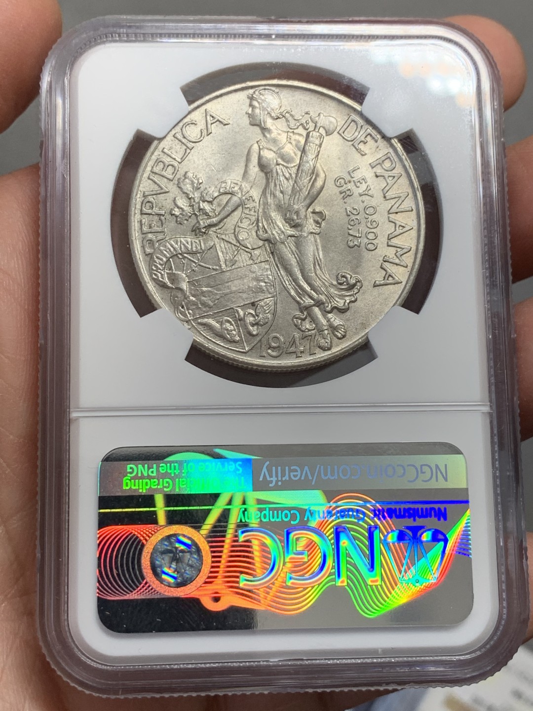 《竞宝斋》第131场-周日，周一连拍 (全场包邮) NGC MS62 巴拿马1947年1巴波亚大银币