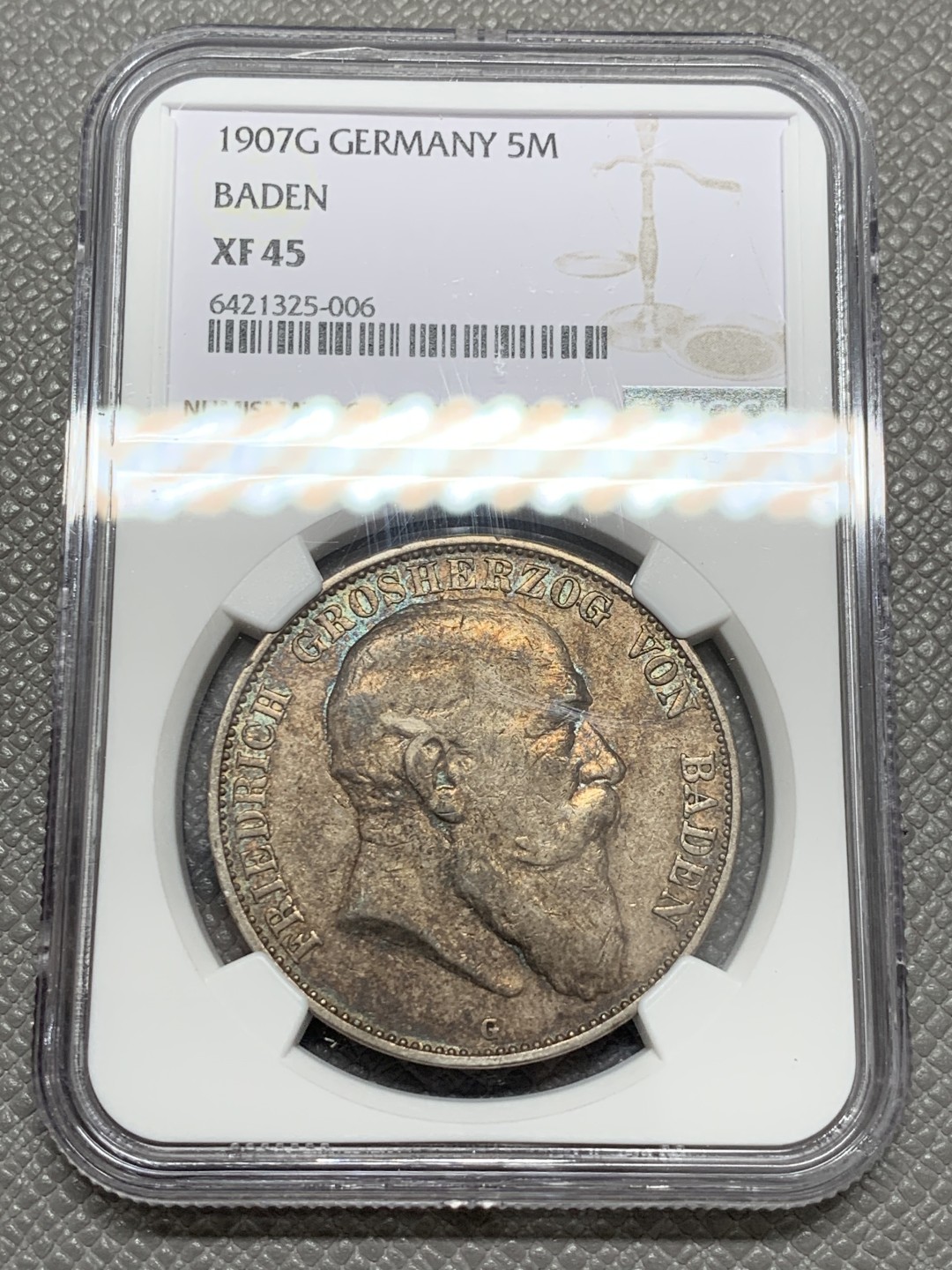 《竞宝斋》第131场-周日，周一连拍 (全场包邮) NGC XF45 1907年德国巴登5马克银币