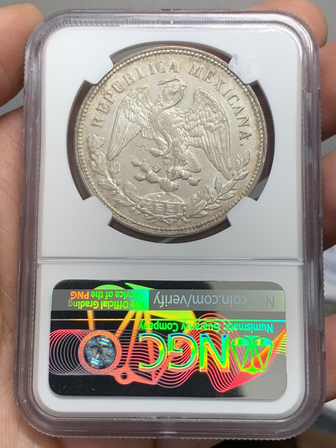 《竞宝斋》第131场-周日，周一连拍 (全场包邮) NGC-AU58 墨西哥1903年 直边鹰洋1比索 大银币 五彩包浆 非常漂亮